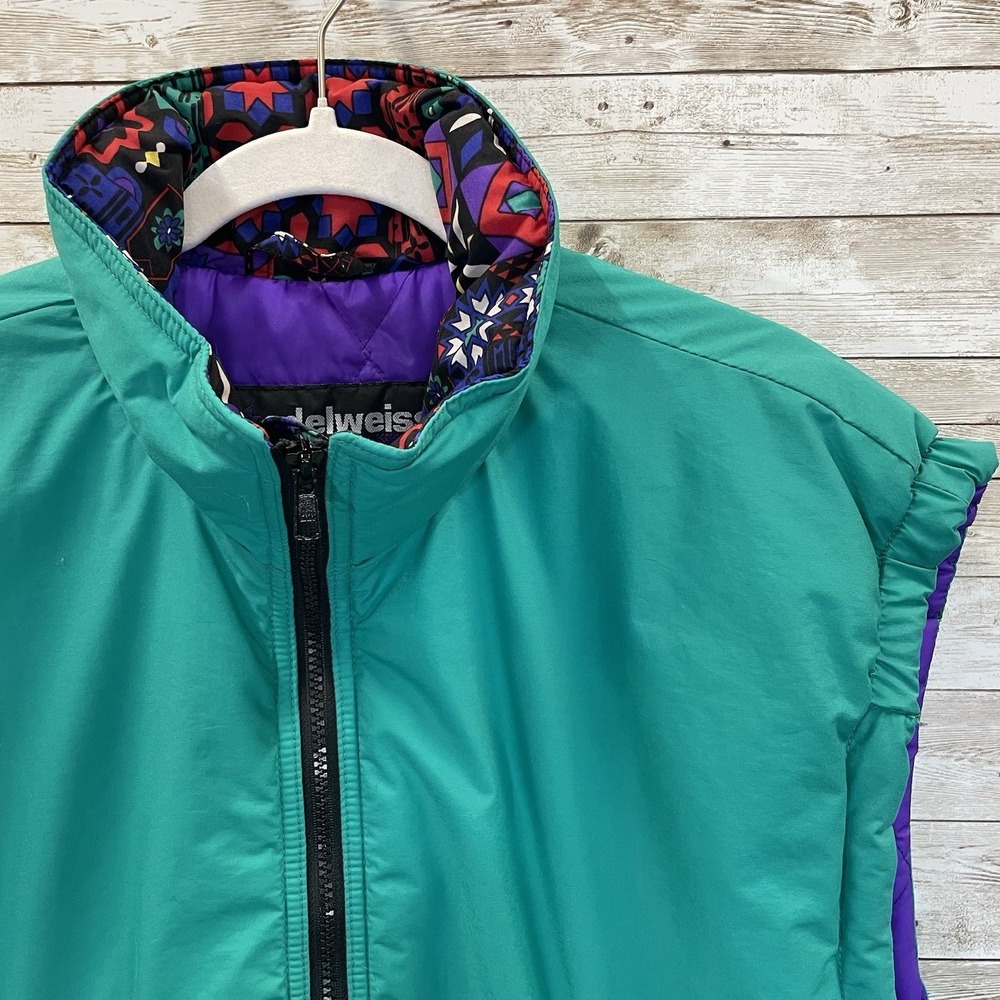 Vintage 90's Edelweiss Womens L Ski Vest Green Nordic Embroidery Quilted Lining - Picture 5 of 12